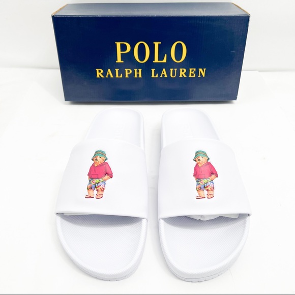 POLO Ralph Lauren CAYSON BEACH BEAR POOL SLIDES WHITE - Picture 4 of 16